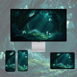 Puede incluir: Una escena de arte digital de un bosque con criaturas blancas brillantes en un monitor de computadora, dos teléfonos inteligentes y una tableta. La escena presenta un bosque oscuro y misterioso con un camino brillante y flores blancas. Los dispositivos están colocados sobre un fondo de bosque a juego.