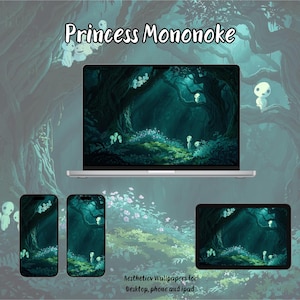 Könnte beinhalten: Ästhetische Hintergrundbilder für Desktop, Telefon und iPad mit einer Waldszene und dem Text "Princess Mononoke". Das Bild zeigt einen Laptop, zwei Telefone und ein Tablet, die dasselbe Kunstwerk anzeigen. Das Kunstwerk hat ein dunkelgrünes und blaues Farbschema.