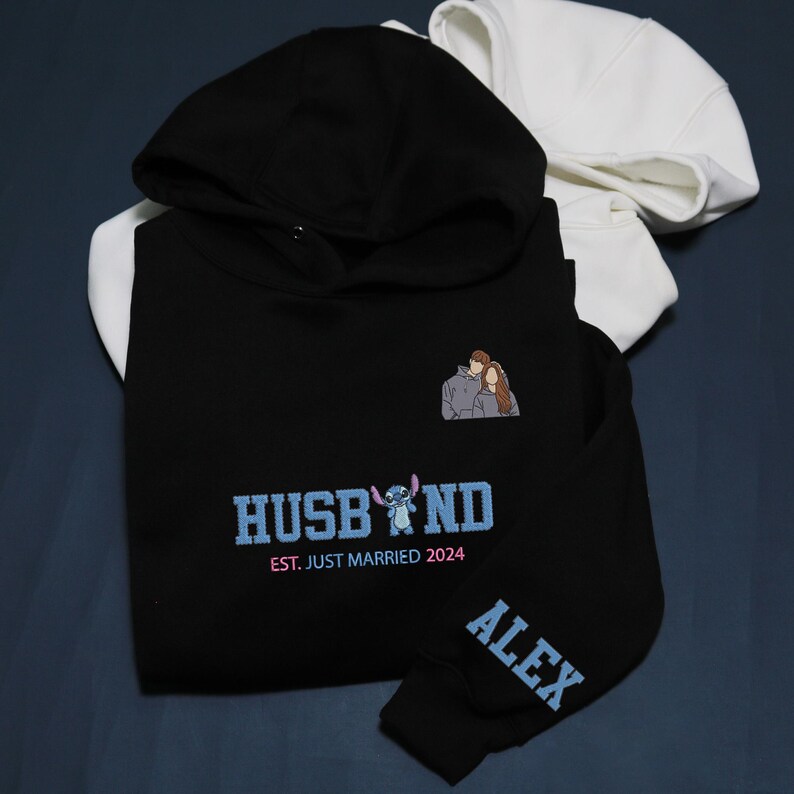 Sudadera bordada de Stitch y Angel, sudadera con capucha bordada a juego para parejas, viaje a Disney en pareja, bordado personalizado, foto personalizada, regalos imagen 5