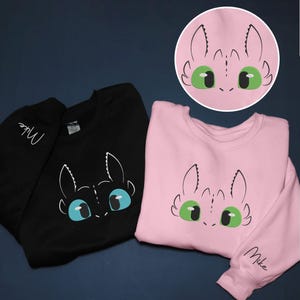 Könnte beinhalten: Schwarze und rosa Sweatshirts mit einem Cartoon-Drachengesicht-Design. Das schwarze Sweatshirt hat blaue Augen, und das rosa hat grüne Augen. Der Name "Mike" steht auf den Ärmeln.