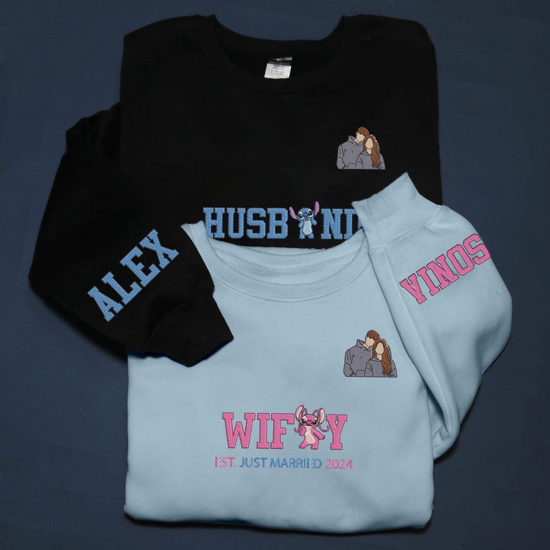 Sudadera bordada de Stitch y Angel, sudadera con capucha bordada a juego para parejas, viaje a Disney en pareja, bordado personalizado, foto personalizada, regalos imagen 3