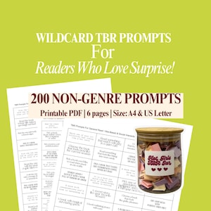Puede incluir: Un tarro etiquetado "Hot Girls TBR Jar" lleno de indicaciones de papel de colores, junto a una lista impresa de 200 indicaciones de lectura que no son de género. El texto dice "Wildcard TBR Prompts For Readers Who Love Surprise!" y "Printable PDF | 6 páginas | Tamaño: A4 & US Letter."