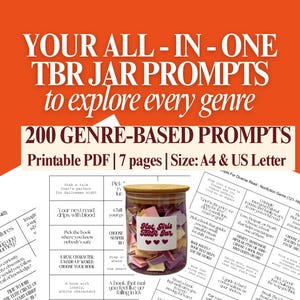 May include: A clear glass jar filled with colorful paper slips, labeled "Hot Girls TBR Jar." The image includes text: "YOUR ALL-IN-ONE TBR JAR PROMPTS to explore every genre." Also included are printable PDF pages.