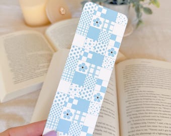 Blue Patchwork Bookmark | Blue Floral Bookmark, Aesthetic Bookmark, Cute Bookish Gift, Printed Cardstock Bookmark, Reader Gift, Blue Patches