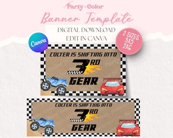 Verschieben in den 3.Gang Banner Vorlage | Monstertruck Party Dekor, Racing Geburtstag Dekor 2 x 6 und 3 x 5 Printable (Digitaler Download)