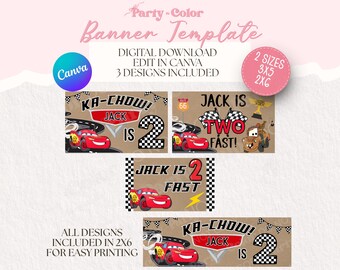 Autos Geburtstag Banner Vorlage | Zwei schnelle Partydekoration, zwei schnelle Banner Geburtstagsdeko 2x6 und 3x5 druckbare (digitaler Download)