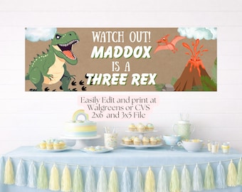 Druckbare drei Rex Banner Vorlage 3x5 & 2x6 | Dinosaurier Party Dekor | Bearbeitbares Canva Zeichen (Digitaler Download)