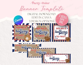 Sjabloon voor spandoek honkbal halverwege tot één | Bewerkbaar Canva-feestdecor voor jongens 3 x 3 en 2 x 6 (digitale download)