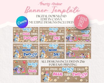 Blauer Hund Banner Vorlage | Mädchen blauer Hund Party Dekor, roter Hund Geburtstag Dekor 2 x 6 und 3 x 5 Printable (digitaler Download)