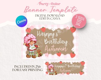 ストロベリーショートケーキの誕生日バナーテンプレート｜誕生日パーティーデコレーション｜編集可能なCanvaサイン｜印刷可能なサイン（3x5インチ＆2x6インチ）（デジタルダウンロード）
