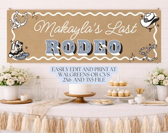 Druckbare letzte Rodeo Bachelorette Banner Vorlage | Western Brautparty Dekor | Bearbeitbares Canva Zeichen | 6x18 & 3x15