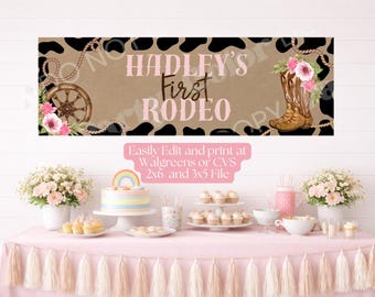 Plantilla imprimible para pancarta de primer rodeo / Decoración para fiesta del Oeste, decoración de cumpleaños de primer rodeo, plantilla de Canva (descarga digital)