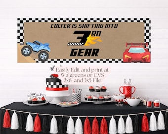 Verschieben in den 3.Gang Banner Vorlage | Monstertruck Party Dekor, Racing Geburtstag Dekor 2 x 6 und 3 x 5 Printable (Digitaler Download)