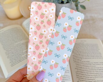 Strawberry Bookmark, Cute Floral Bookmark, Coquette Bow Bookmark, Aesthetic Bookish Gift, Reader Gift, Summer Bookmarks