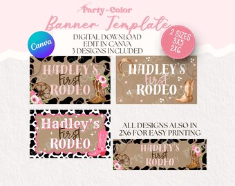Plantilla de pancarta para el primer rodeo / Decoración para fiestas del Oeste, decoración de cumpleaños con temática del primer rodeo, plantilla de Canva (descarga digital)