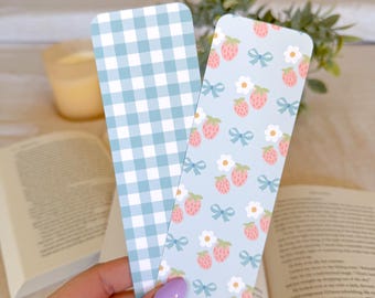 Blue Strawberry Bookmark, Cute Floral Bookmark, Coquette Bow Bookmark, Aesthetic Bookish Gift, Reader Gift, Summer Bookmarks