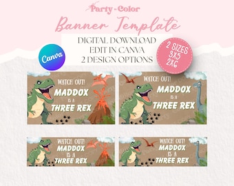 Drei Rex Banner Template 3x5 & 2x6 | Dinosaurier Party Dekor | Bearbeitbares Canva Zeichen | Druckbares Schild (Digitaler Download)