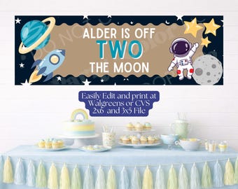 Plantilla imprimible para pancarta de cumpleaños espacial, Rumbo a la Luna, Cumpleaños en la Primera Órbita / Decoración de fiesta editable en Canva (Descarga digital)