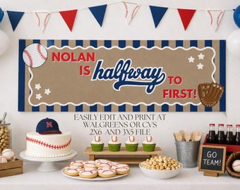 Druckbare Baseball auf halbem Weg zum ersten Banner Vorlage | Canva Boy Party Decor 3x3 & 2x6 (Digitaler Download)