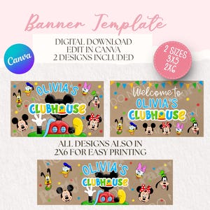 Könnte beinhalten: Digitale Bannervorlage für Canva mit Zeichentrickfiguren wie Mickey, Minnie, Donald, Daisy, Goofy und Pluto. Der Text lautet Olivia's Clubhouse und Welcome to Olivia's Clubhouse. Enthält 3x5 und 2x6 Zoll Größenoptionen.