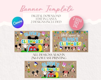 May include: Digital banner template for Canva featuring cartoon characters including Mickey, Minnie, Donald, Daisy, Goofy, and Pluto. Text reads Olivia's Clubhouse and Welcome to Olivia's Clubhouse. Includes 3x5 and 2x6 inch size options.