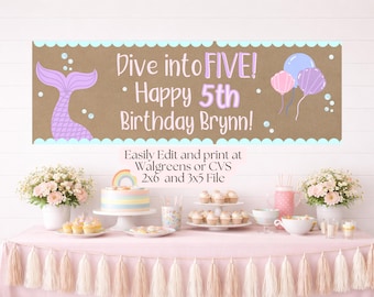 Druckbare Meerjungfrau Geburtstagsbanner Vorlage | "Handgemalter oder druckbarer Party Hintergrund ""3x5"" und ""2x6"" (Digital Download)"