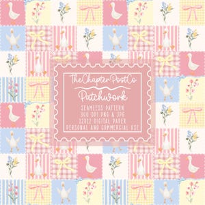 May include: A digital patchwork pattern featuring squares in pastel pink, blue, and yellow. Each square contains a different design, including geese, flowers, and bows. The text "The Chapter PostCo Patchwork" is displayed in a pink frame.