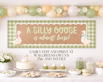 Dumme Gans-Baby-Dusche druckbare, eine Alberne Gans ist fast lose, Geschlecht offenbaren Hintergrund 2 x 6 3 x 5 Canva Vorlage Download.