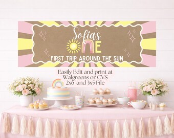 Druckbare Erste Reise um die Sonne Banner Vorlage | Erster Geburtstag Party Dekor | Bearbeitbares Canva Zeichen | 3x5 & 2x6 (Digitaler Download)