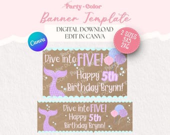 Meerjungfrau Geburtstagsbanner Vorlage | "Handgemalter oder druckbarer Party Hintergrund ""3x5"" und ""2x6"" (Digital Download)"