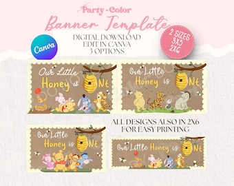 May include: A digital banner template set featuring Winnie the Pooh characters, a beehive, and the text Our Little Honey is One. The designs include various layouts with brown backgrounds, scalloped edges, and options for 3x5 and 2x6 inch sizes.