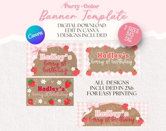Berry First Birthday Banner Template Bundle | Birthday Party Decor | Editable Canva Sign | Printable Sign 3x5 & 2x6 (Digital Download)