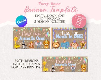 「How Fun We Are One」バースデーバナーテンプレート｜誕生日パーティーデコレーション｜編集可能なCanvaサイン｜印刷可能なサイン（3x5インチ＆2x6インチ）（デジタルダウンロード）