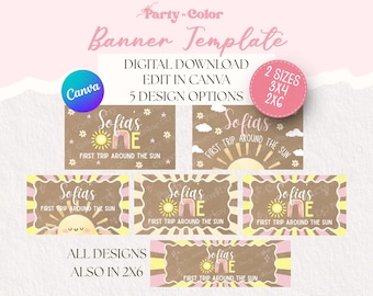 Erste Reise um die Sonne Banner Vorlage | Erster Geburtstag Party Dekor | Bearbeitbares Canva Zeichen | Druckbares Schild 3x5 & 2x6 (Digitaler Download)