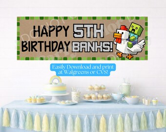 May include: A rectangular birthday banner with a tan background and a green pixelated border. The text reads HAPPY 5TH BIRTHDAY BANKS! in black and white pixelated font. A pixelated green character rides a white chicken on the right side.