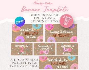 Donut Geburtstag Banner Vorlage | Bearbeitbares Canva Banner | Sweet One, Halber Geburtstag, Two Sweet | 3x5 und 2x6 Printable Banner Digitaler Download