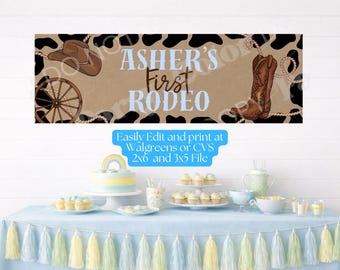 Plantilla imprimible para pancarta de primer rodeo / Decoración para fiesta del Oeste, decoración de cumpleaños de primer rodeo, plantilla de Canva (descarga digital)
