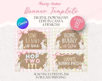 Einige Häschen-Geburtstags-Fahnen-Schablonen-Bundle | Geburtstagsparty Dekor | Bearbeitbares Canva Zeichen | Druckbares Schild 3x5 & 2x6 (Digitaler Download)