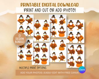 Ajoutez votre propre photo, cadre photo de personnage de Thanksgiving, modèle vierge de visage de dinde, bricolage, décoration de classe, tableau d'affichage fichier modifiable, téléchargement