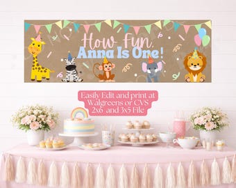 「How Fun We Are One」バースデーバナーテンプレート｜誕生日パーティーデコレーション｜編集可能なCanvaサイン｜印刷可能なサイン（3x5インチ＆2x6インチ）（デジタルダウンロード）