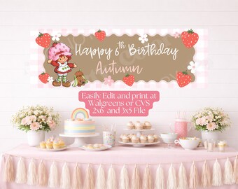 印刷可能なストロベリーショートケーキの誕生日バナーテンプレート｜誕生日パーティーデコレーション｜編集可能なCanvaサイン｜サインサイズ：3x5インチ＆2x6インチ（デジタルダウンロード）