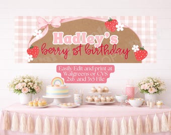 Berry First Birthday Banner Template Bundle | Birthday Party Decor | Editable Canva Sign | Printable Sign 3x5 & 2x6 (Digital Download)