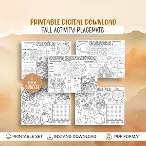 Op de afbeelding: Een digitale download met printbare herfstactiviteiten placemats. De placemats bevatten doolhoven, woordzoekers en kleurplaten met Thanksgiving-thema's. De tekst op de placemats bevat "Happy Thanksgiving" en "Grateful For". De afbeelding bevat ook de tekst "Printable Digital Download".