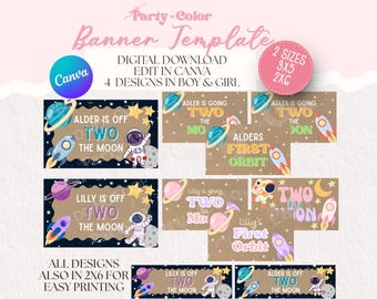 May include: A digital banner template set featuring space-themed designs with astronauts, planets, rockets, and stars. Text includes phrases like 'Alder is off two the moon' and 'Lilly is off two the moon' in various colors. Includes 3x5 and 2x6 inch sizes.