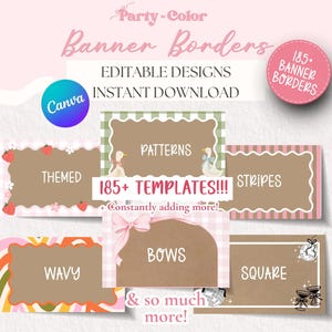 Può includere: Un'immagine che mostra vari design di bordi di banner con il testo "Party-Color Banner Borders". I design includono "Themed", "Patterns", "Stripes", "Wavy", "Bows" e "Square". L'immagine include anche il testo "Editable Designs" e "Instant Download".