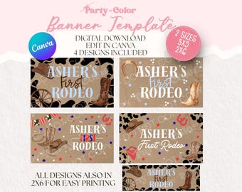 Plantilla de pancarta para el primer rodeo / Decoración para fiestas del Oeste, decoración de cumpleaños con temática del primer rodeo, plantilla de Canva (descarga digital)