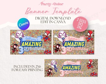 Spidey and Friends Banner Vorlage | Spinne Geburtstag Party Dekor, Spider Man Geburtstag Dekor 2 x 6 und 3 x 5 Printable (Digitaler Download)
