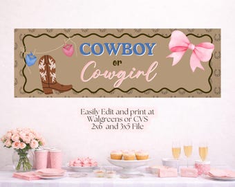 Cowboy oder Cowgirl Gender Reveal Banner Vorlage | Western Baby Shower Sign 3x4 & 2x6 Canva bearbeitbare Vorlage | Junge oder Mädchen Rodeo Theme Decor