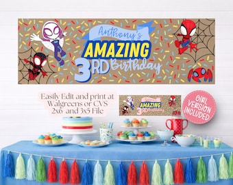 Spidey and Friends Banner Vorlage | Spinne Birthday Party Decor, Spinnenmann-Geburtstagsdeko 2x6 und 3x5 (Digitaler Download)