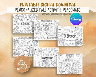 Napperons d'activité personnalisés pour Thanksgiving, pages à colorier d'automne (téléchargement numérique)